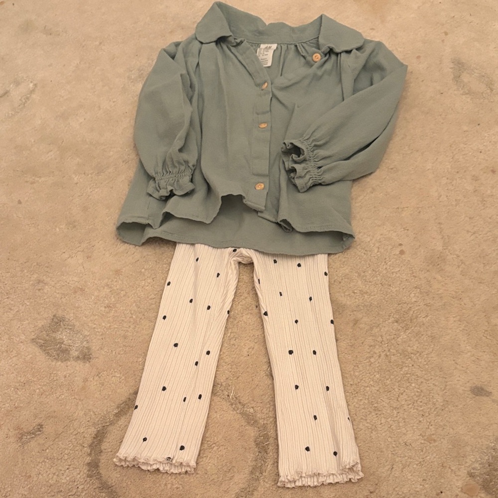 H and M Green Button-Up Blouse and White Polka Dot Pants Set 18 months